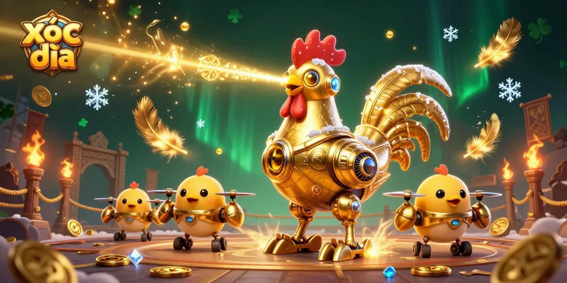 Xóc đĩa game scene with golden rooster robot and chick drones amidst dynamic swirling particles.