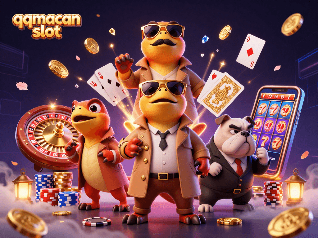 Experience the excitement of qqmacan slot with cartoon raptors sneaking into a vibrant casino scene.