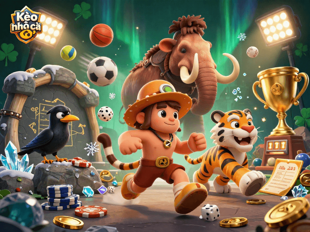 Kèo nhà cái offers an engaging prehistoric casino experience with sports betting elements and vibrant characters.