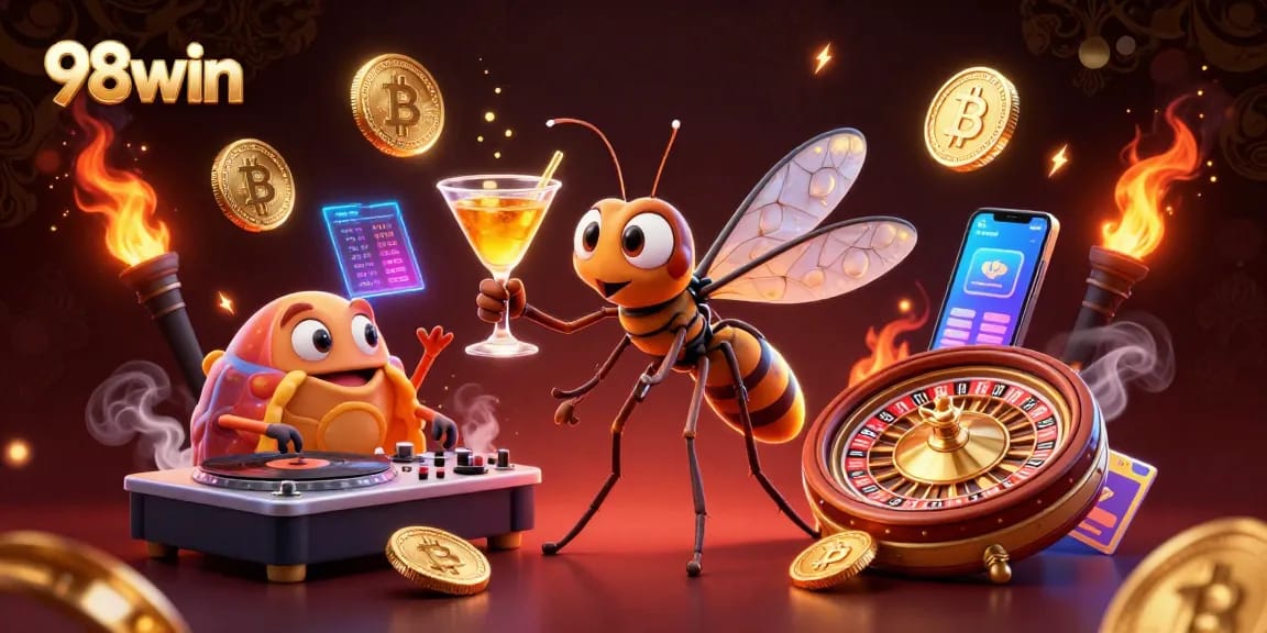 Spin and win with 98win, featuring vibrant casino elements and exciting characters.