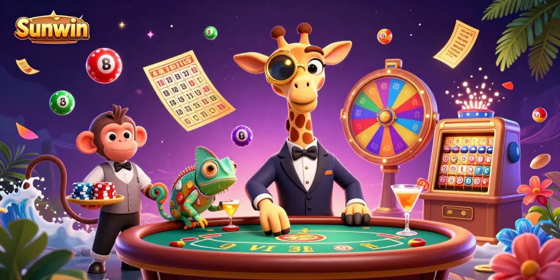 Sunwin offers thrilling gaming excitement with illustrated characters enjoying a dynamic casino experience.