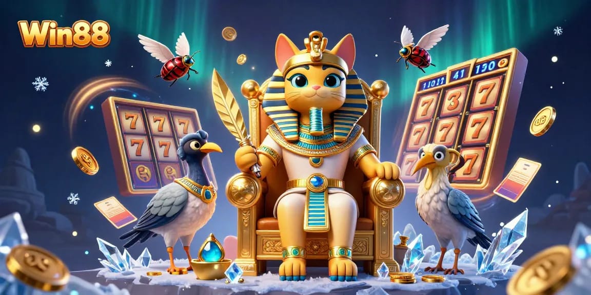 Win88 showcases an Egyptian pharaoh cat and companions among vibrant slot machines and golden elements, embodying online gaming excitement.