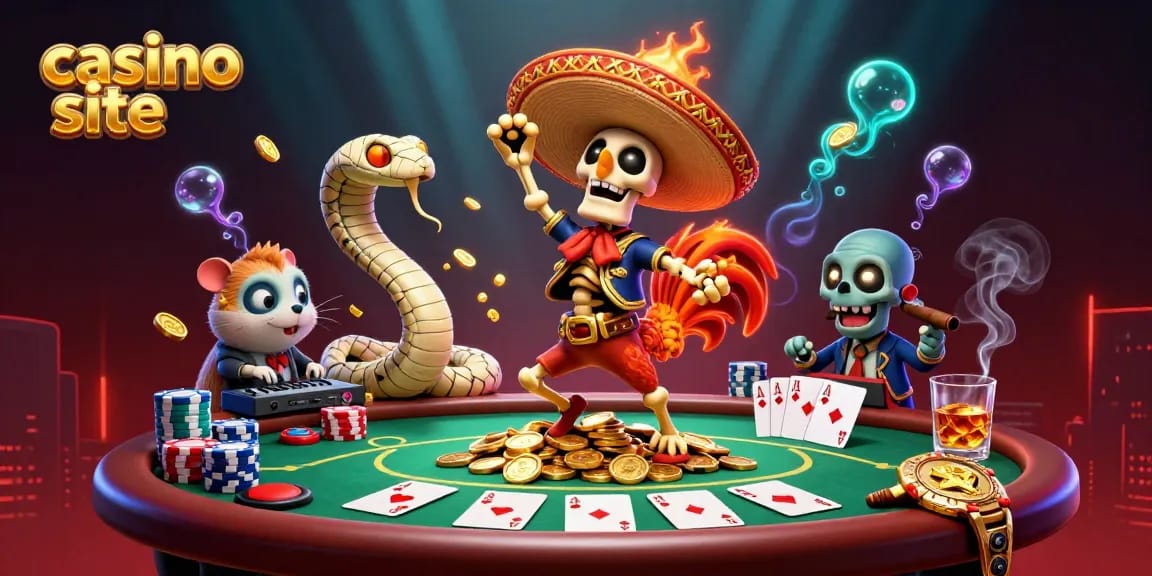 Celebrate wins at a casino site with a mariachi rooster dancing amidst poker chips and vibrant imagery.