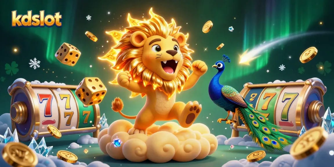 Win big with kdslot as the sun lion roars triumphantly amidst vibrant slot reels and golden dice.