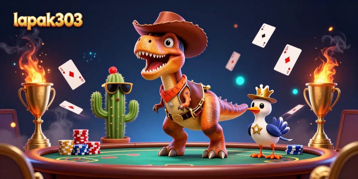 Experience thrilling poker action with lapak303's vibrant 3D illustration featuring dynamic characters and game elements.