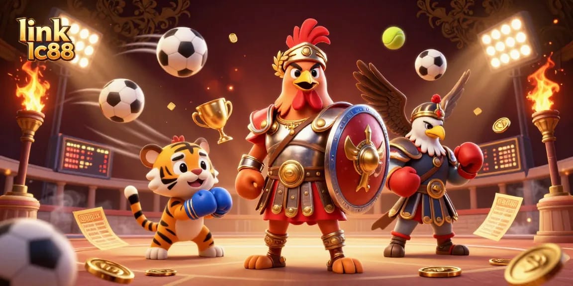Experience the thrill of gambling with 'link lc88' - a dynamic casino scene featuring a gladiator rooster, tiger cub, and eagle in an arena.