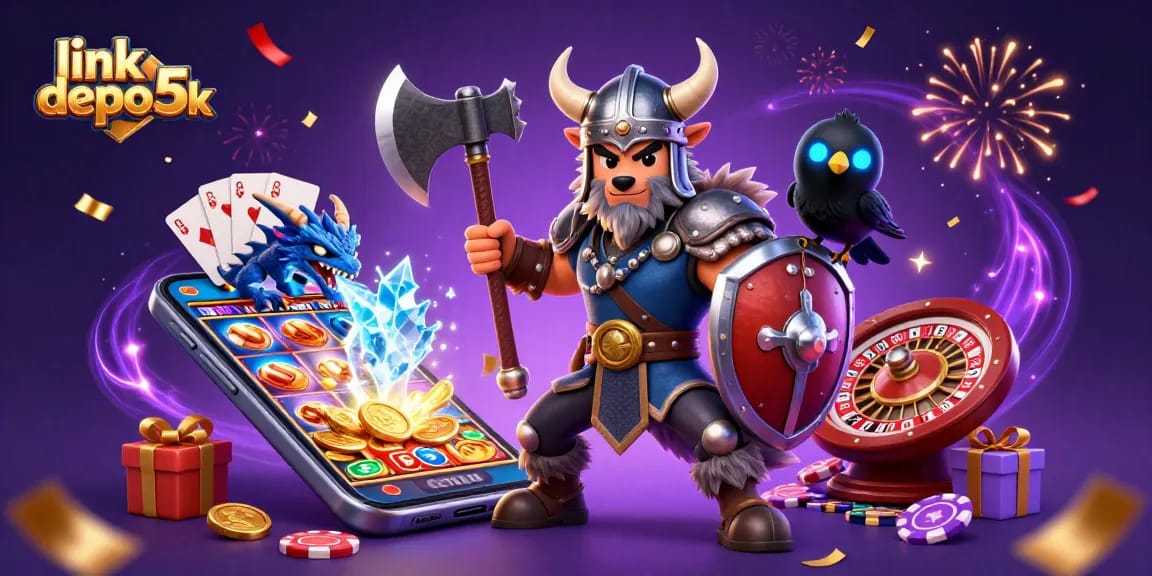 Engage with the link depo 5k in this vibrant slot game scene featuring a Viking wolf warrior and dragon.