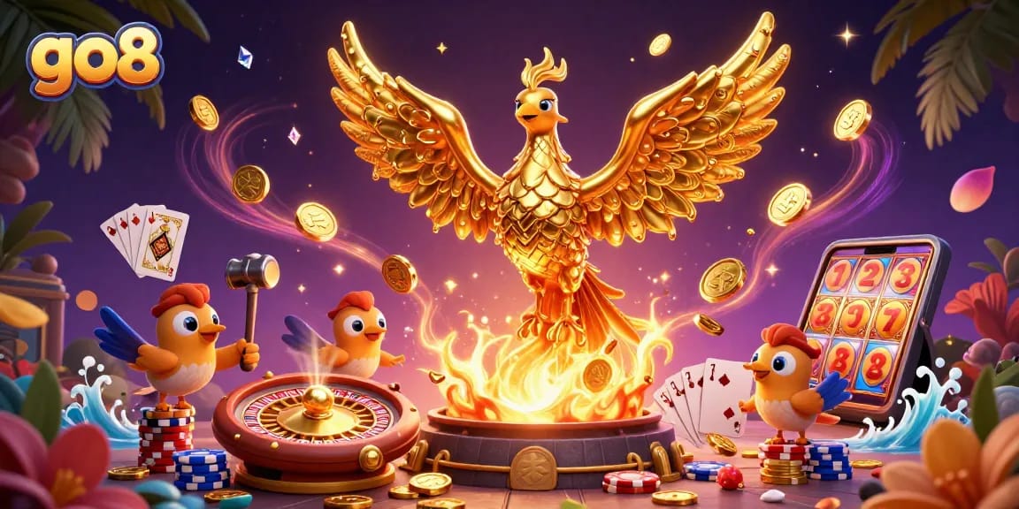 Experience thrilling gameplay at go8 with a golden phoenix soaring above cascading coins and casino elements.