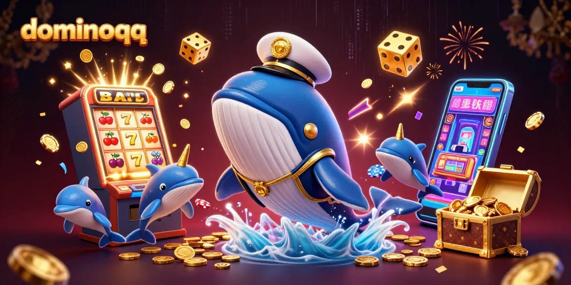 Win big with dominoqq as a giant whale breaches in a sea of golden coins, surrounded by lively casino elements.