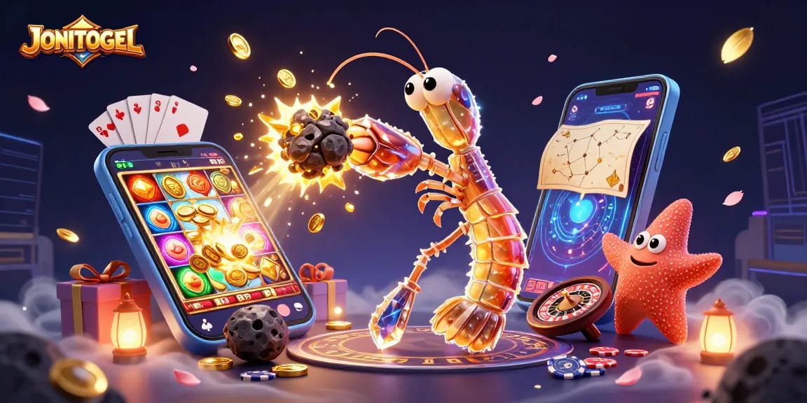 在JONITOGEL中,使用星际武士虾壳的3D数字插图冲破小行星,四周金色硬币飞舞,展现精彩博彩行动。