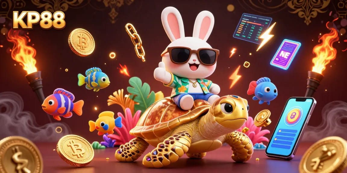Experience thrilling gaming excitement at KP88 with a vibrant 3D illustration of unique characters.