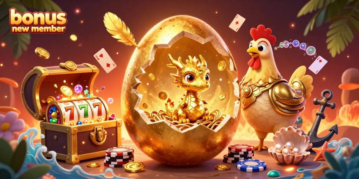 Engage with bonus new member promotions while a golden dragon guards poker chips in this vibrant casino scene.