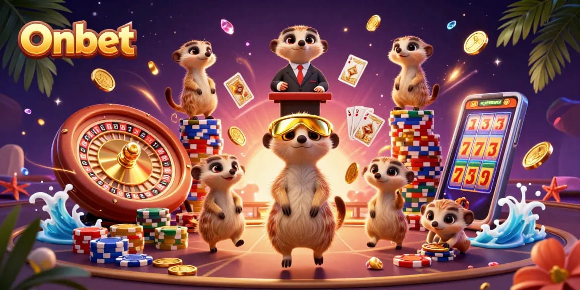 Experience fun at Onbet's cartoon casino with meerkats, cards, and golden coins!