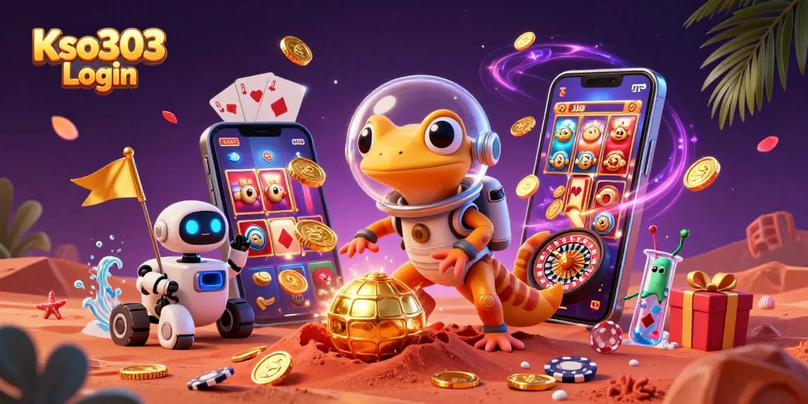 Kso303 Login sambil bermain slot dengan karakter kartun Martian di latar belakang kasino emas.