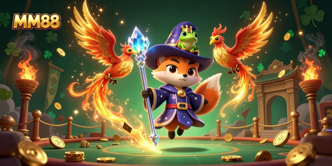 Engage with MM88's casino magic featuring a wizard fox, phoenix, and rich game elements.