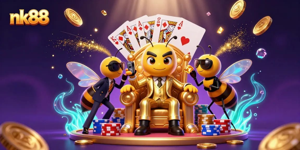 nk88 features a boss bumblebee in a casino setting, surrounded by gold coins and poker elements.