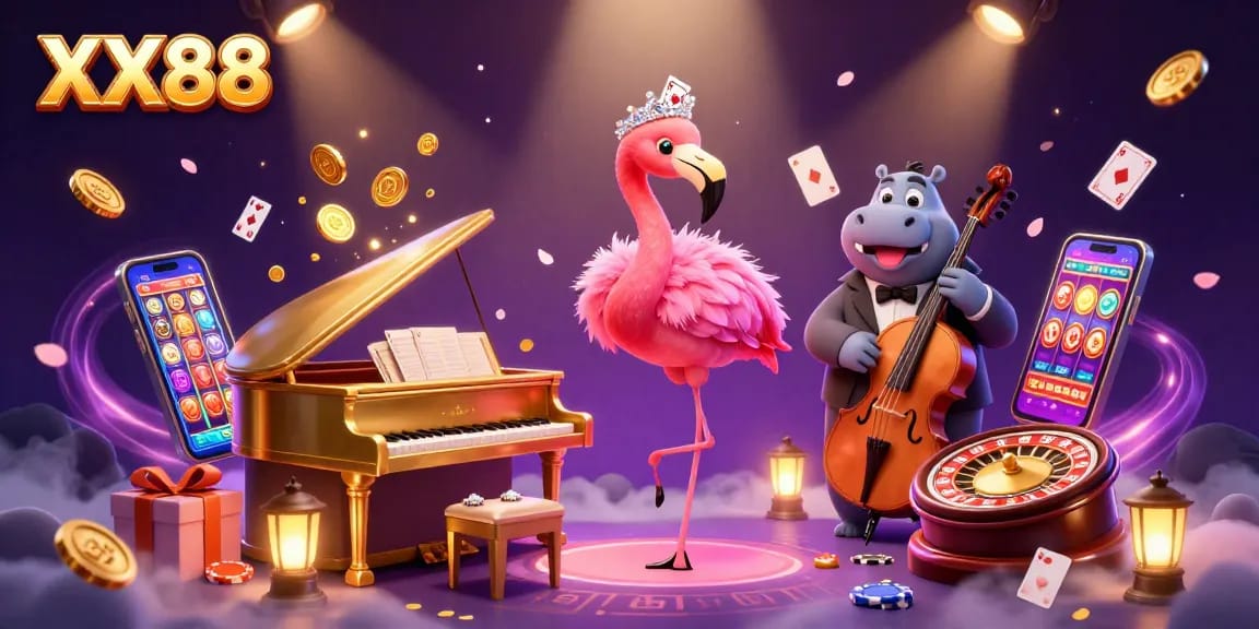 Experience the vibrant XX88 casino scene where a flamingo singer performs on a golden piano amidst dynamic slot games and lively characters.