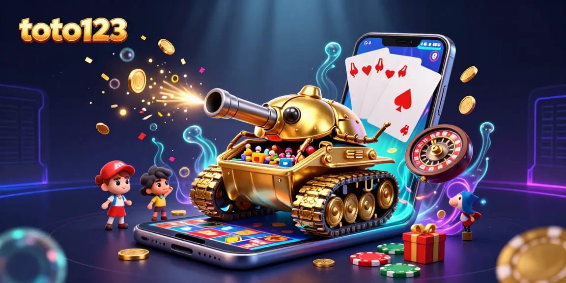 Experience thrilling games and features of toto123, with golden casino elements and exciting slot symbols.