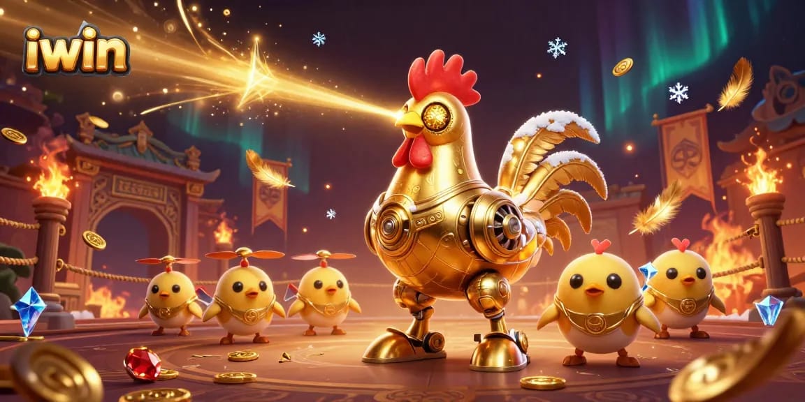 Join the iwin gaming adventure with a vibrant scene of golden rooster robot and baby chick drones.