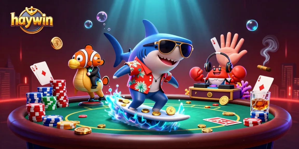 Experience the excitement of haywin with a vibrant scene of a shark surfing coins, showcasing thrilling casino elements.