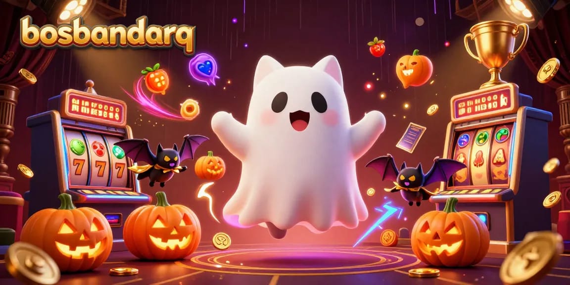 Engage in winning games at bosbandarq with a ghost cat and a bat in a vibrant casino setting.