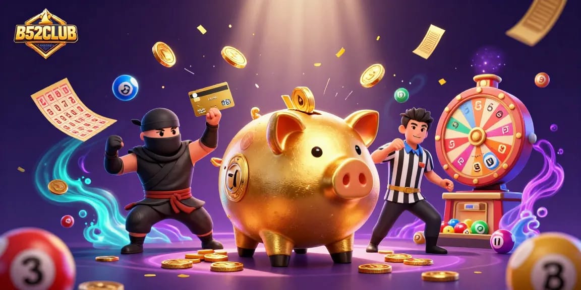 Engage with B52CLUB's vibrant casino action featuring dynamic characters, coins, and lottery elements.