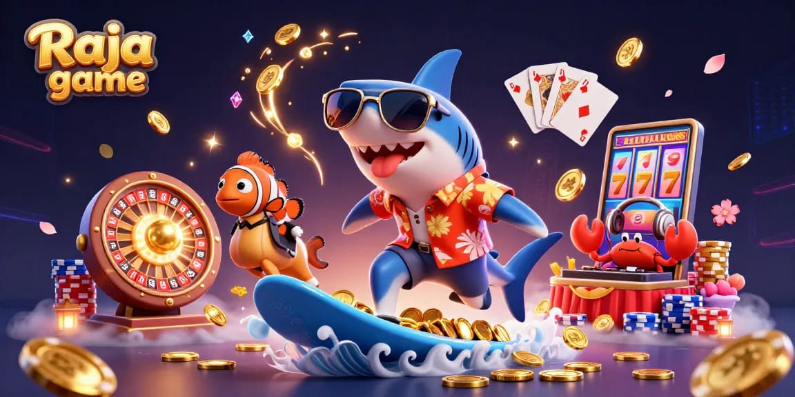 Engage with the vibrant Raja game scene featuring dynamic characters and casino elements.