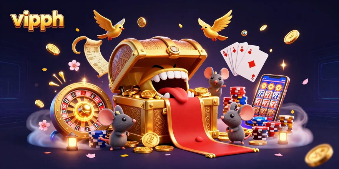 Win big with vipph at this animated casino illustration showing thrilling games and treasures.