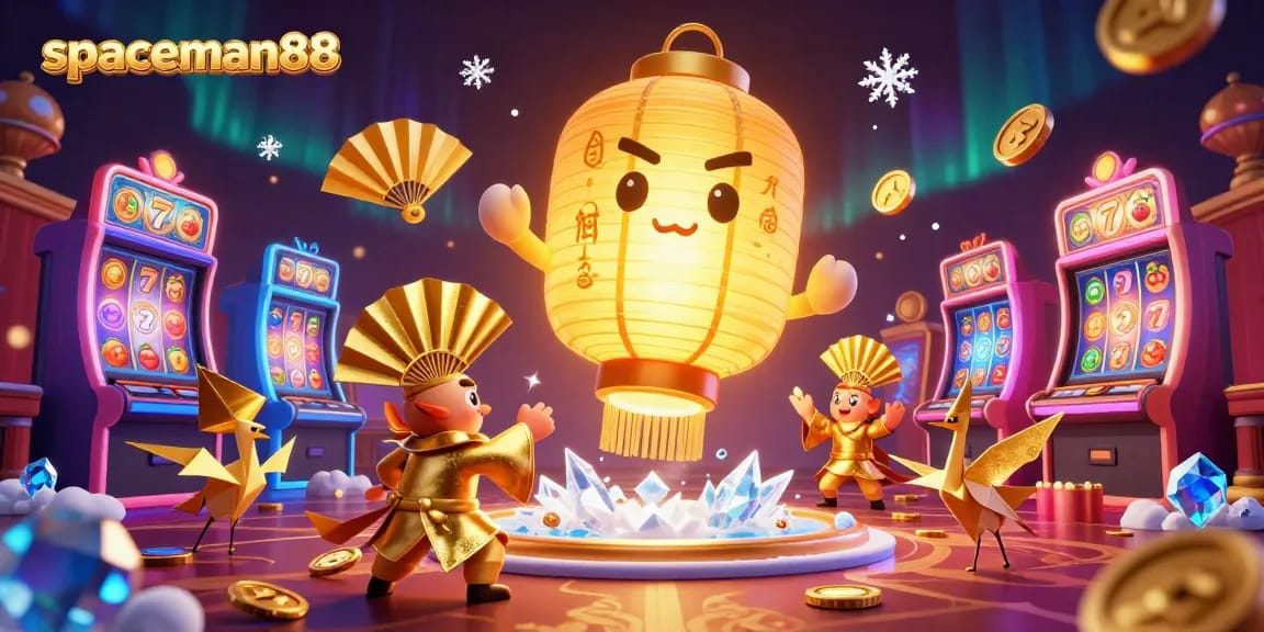 Play exciting games at spaceman88, featuring glowing slot machines and vibrant casino spirit characters.