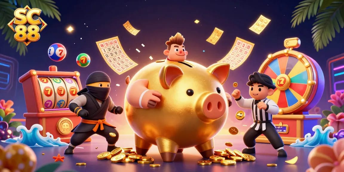 Engage with SC 88's vibrant casino scene featuring a sumo wrestler piggy bank and colorful game elements.