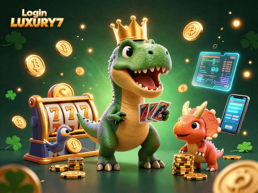 Login LUXURY777 dan dinosaur bermain kartu di kasino 3D yang menakjubkan.