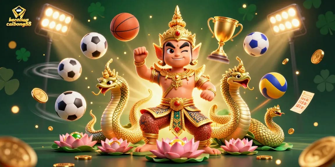 Experience thrilling sports betting action with keonhacaibong88's vibrant illustration featuring temple guardian and dynamic game elements.