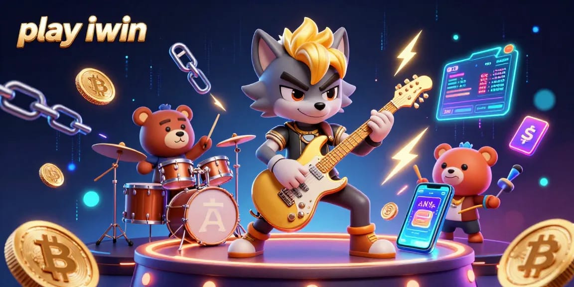 Play iwin with 3D cartoon characters in a vibrant casino scene, showcasing gaming excitement and crypto elements.
