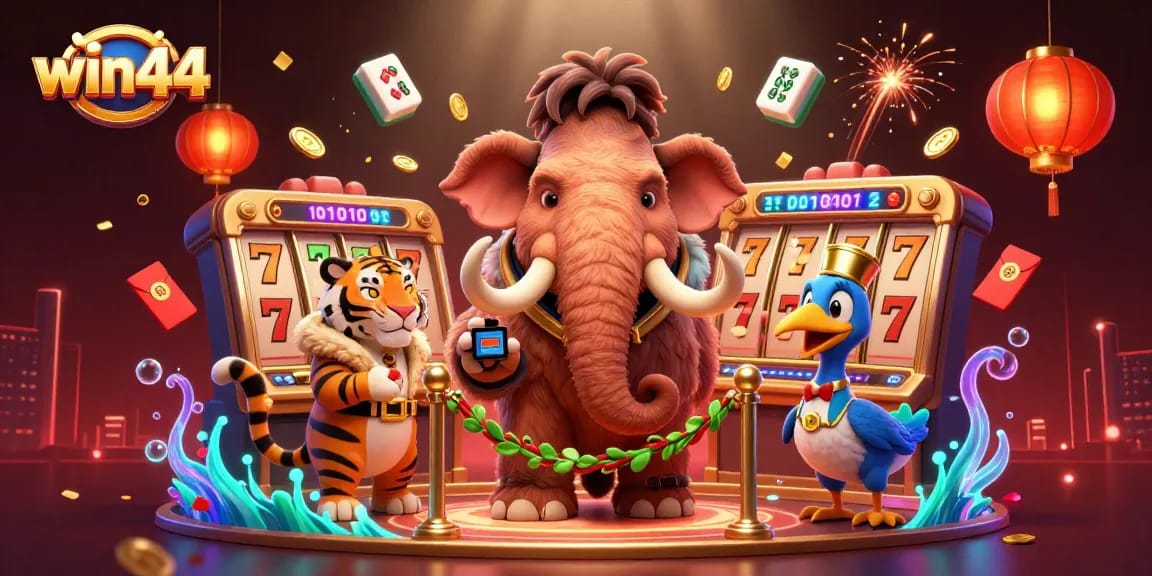 win44 casino scene with a mammoth bouncer, slot reels, and vibrant decorations