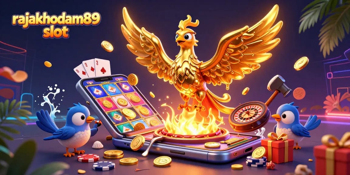 Menghadirkan rajakhodam89 slot dalam ilustrasi 3D berwarna cerah dengan simbol kemewahan dan keberuntungan yang memikat.
