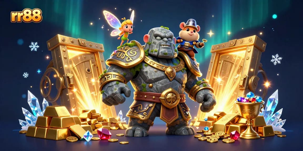 Engage with rr88's vibrant casino fantasy scene featuring a stone golem, fairy, and hamster knight amidst treasures.