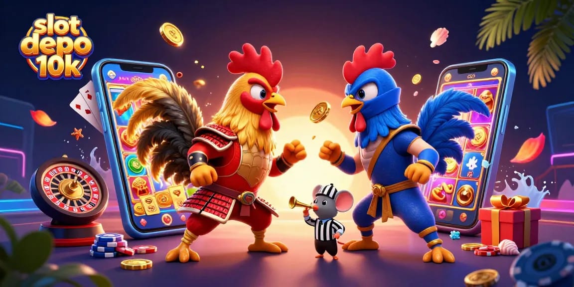 Slot depo 10k menampilkan dua ayam bertarung epik dengan latar belakang kasino yang menarik.