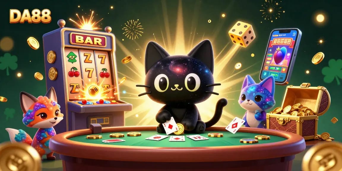 Experience the thrills of DA88 casino with a cat and fox duo surrounded by colorful gaming elements.