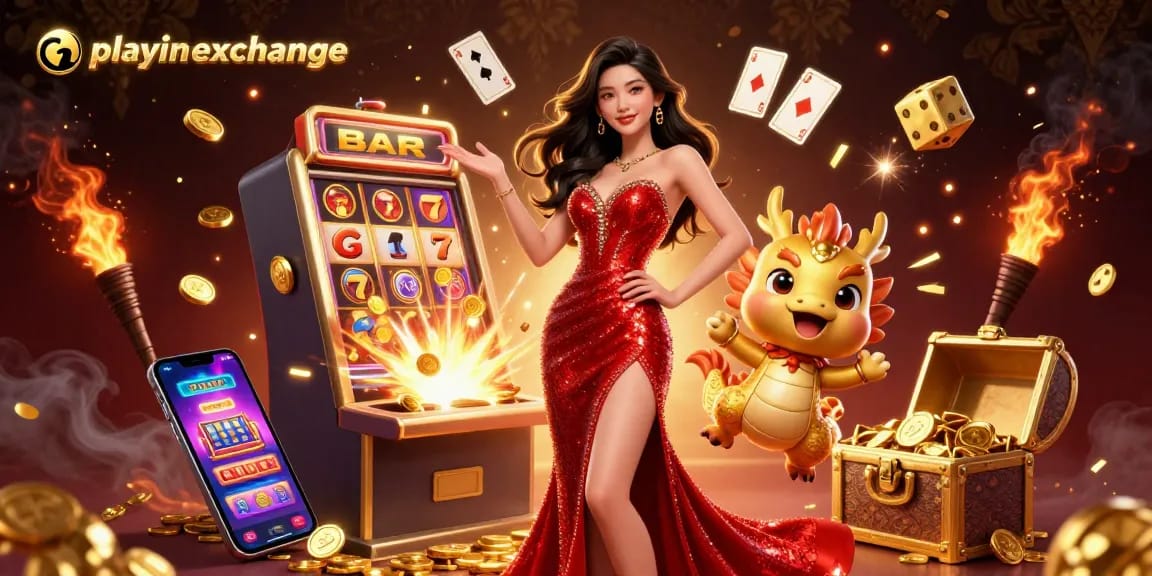 Win big with playinexchange! Stunning illustration of a confident woman and golden dragon amidst exciting slot machine elements.