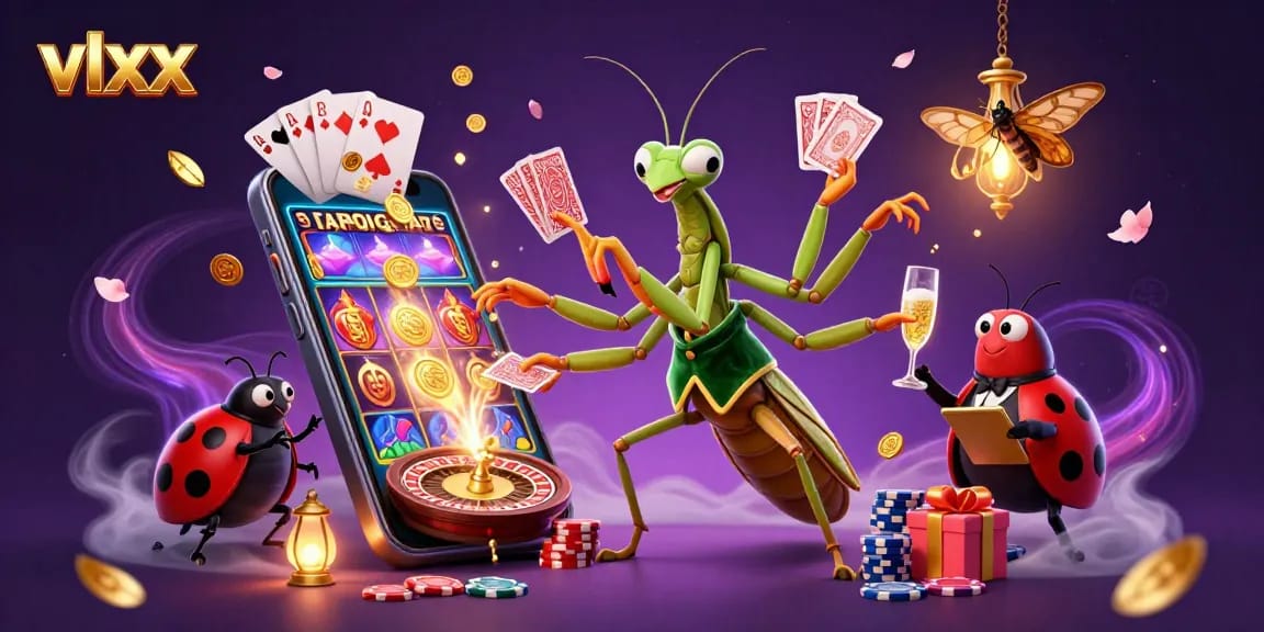 Engage with vlxx as a vibrant illustration of a casino scene featuring a mantis dealer and ladybug pit boss.