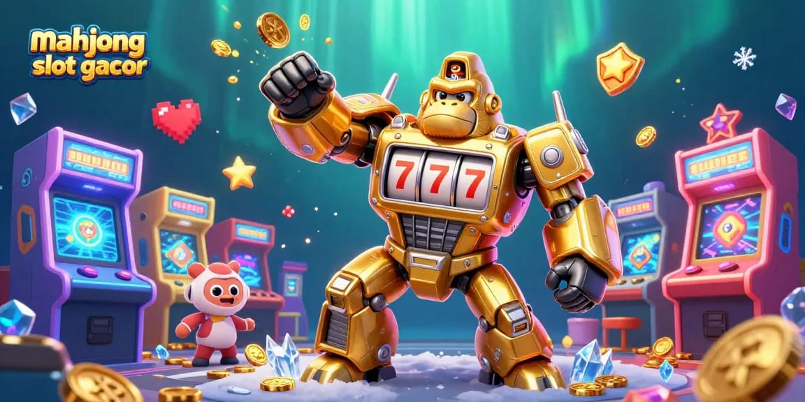 Engage with mahjong slot gacor in this vibrant scene featuring a golden gorilla mech and dynamic game elements.