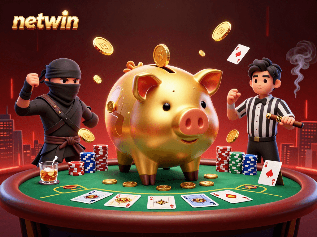 Engage with netwin at dynamic poker showdown featuring epic characters and vibrant casino elements.