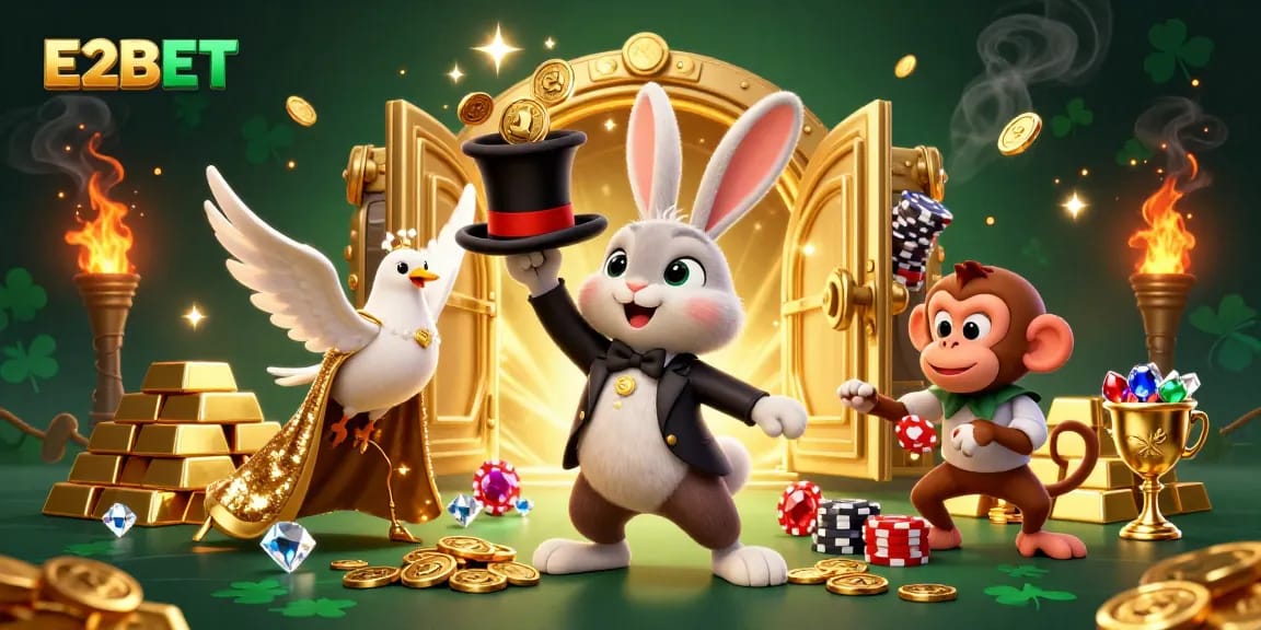 E2BET gaming characters showcasing excitement with magical coins and poker chips in a vibrant casino scene.