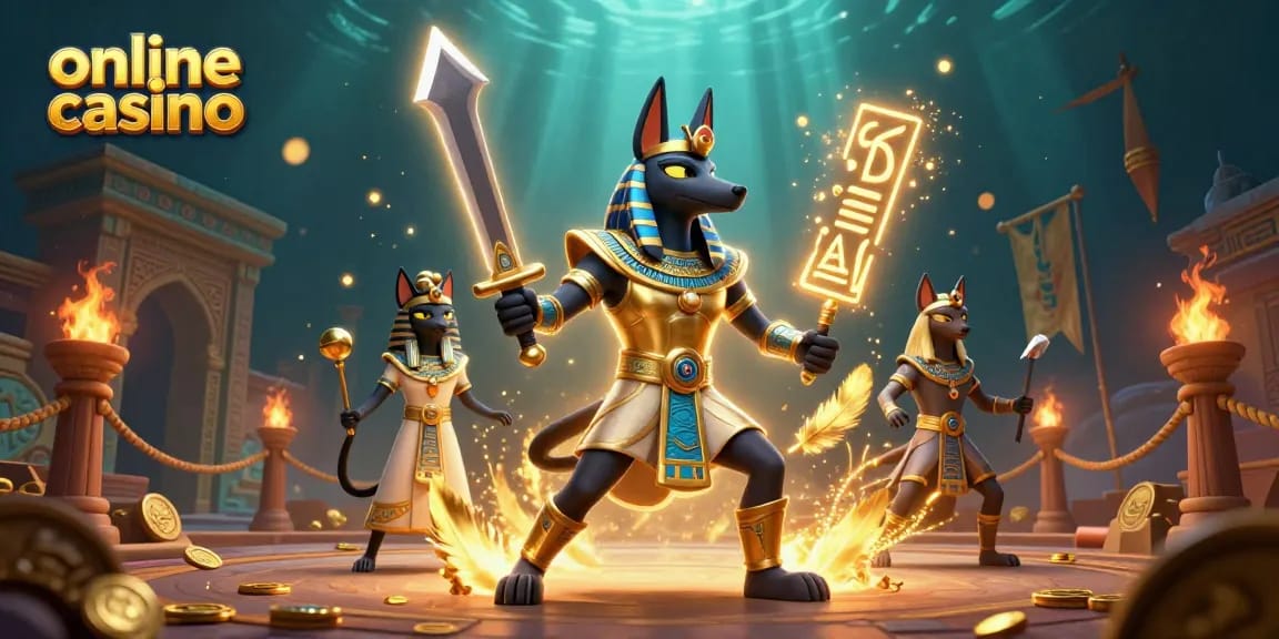 Engage with the captivating online casino experience featuring Anubis and Bastet in 3D.