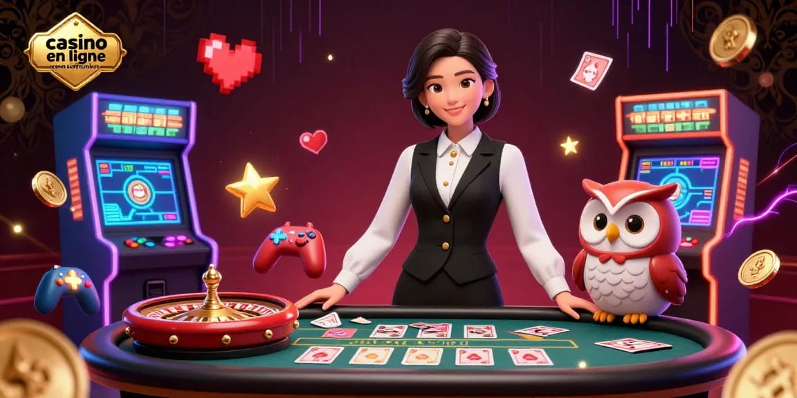 Engage in the excitement of casino en ligne sans vérification with an elegant dealer at a baccarat table, surrounded by vibrant game elements.