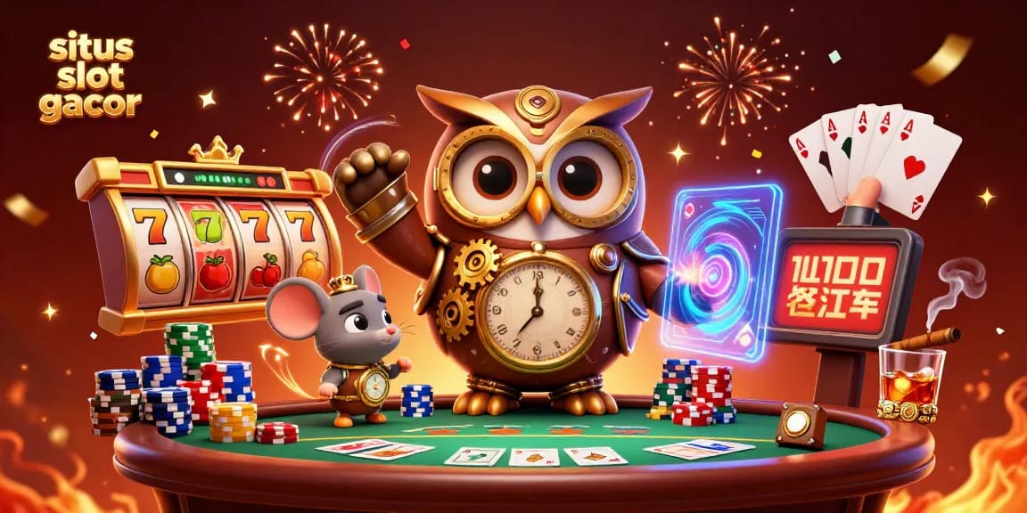 Engage with situs slot gacor using a vibrant casino illustration with a time-traveler owl and dynamic slot games.