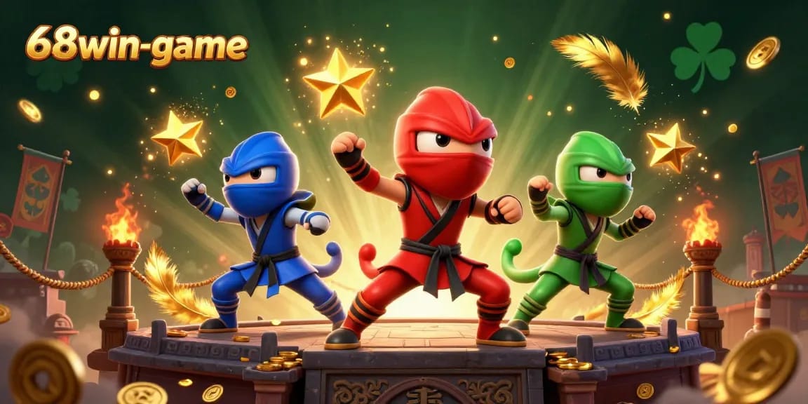 Experience the excitement of 68win-game with a dynamic casino scene showcasing ninja chameleons and gold coins.