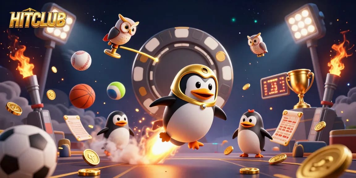 HITCLUB features a dynamic scene with a golden penguin and casino symbols, perfect for engaging gamblers.
