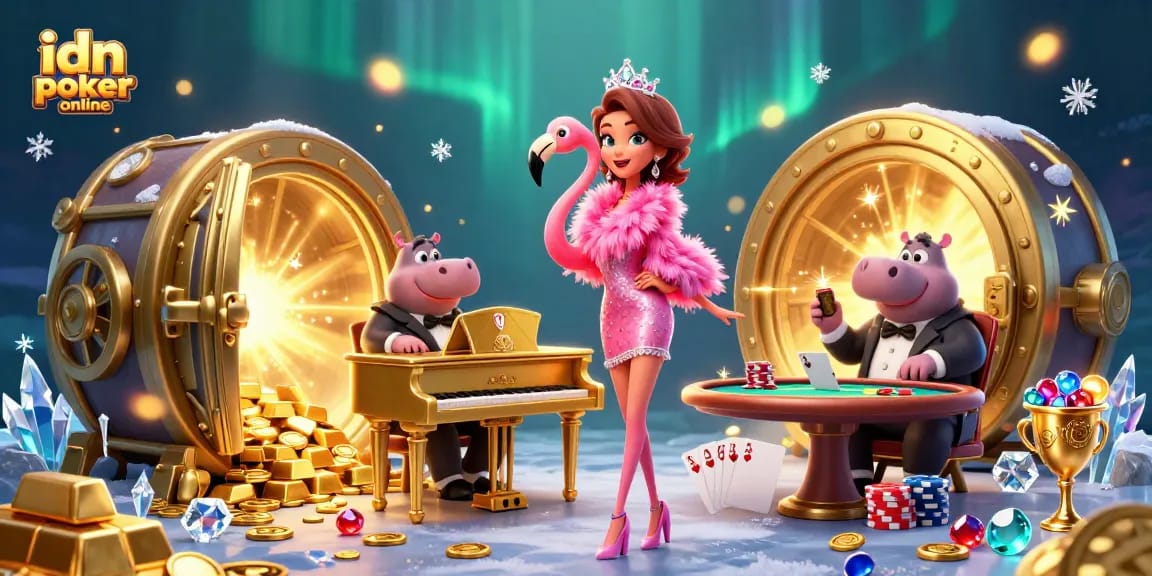 Gambarkan suasana menarik idn poker online dengan penyanyi flamingo dan bassist hippo di kasino.