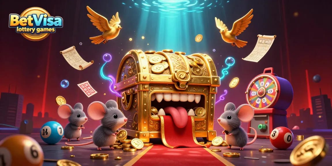 Experience the excitement of BetVisa lottery games with vibrant elements like lottery machines and numbered balls.